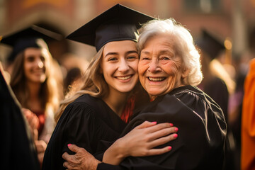Elderly woman graduating together with young generation. High quality photo