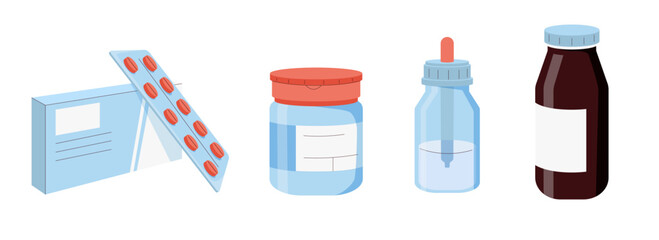 Pharmacy concept set. Collection of pills, supplements, capsules and other drugs and medications in bottles and blisters