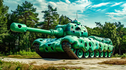 Wall Mural - Large green tank sitting on top of dirt field next to forest.