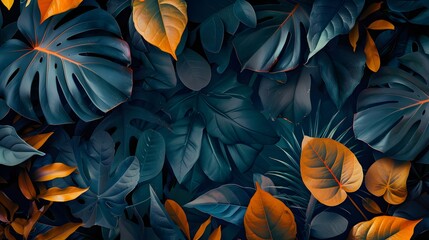 Wall Mural - Natural background framing frame with lush foliage in nature toned blue and orange.