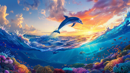 Canvas Print - Clear blue sea at sunset Dolphin jumping above the water colorful coral.