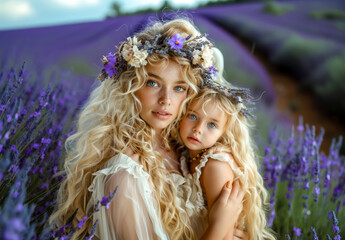 Woman holding little girl in field of purple flowers with sky background.