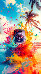 Canvas Print - Speaker with paint splattered all over it and palm tree in the background.