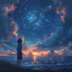 Wall Mural - Anime Boy's Ocean Gaze Under Twinkling Stars