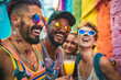 © Duckai - Friends partying in gay pride, group of interracial LGBT people partying in the street and drinking alcohol with rainbow colours in the wall