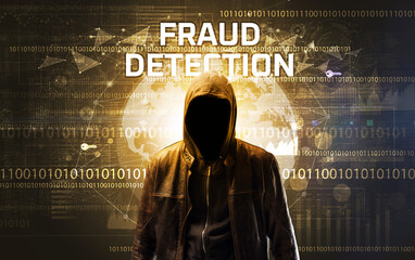 Poster - Faceless hacker at work, security concept
