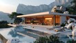 Contemporary minimalist design of a luxury villa with a glass exterior nestled in the mountains. Stunning mountain vistas from the villa's veranda. Cinematic luxury glamping experience
