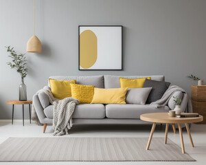 Wall Mural - A stylish living room interior with a gray sofa yellow pillows and a wooden coffee table