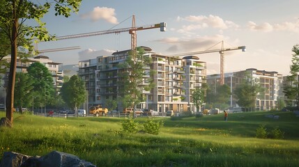 Construction site of modern apartment buildings with cranes and machinery surrounded by open green fields of grassy nature environment background. A beautiful serene landscape. Residential complex con