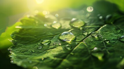 Wall Mural - Large beautiful drops of transparent rain water on a green leaf macro.