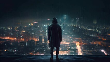 Poster - Hacker computer cybercriminal criminal with a jacket and a hood on the background of a big city at night. Concept computer data security