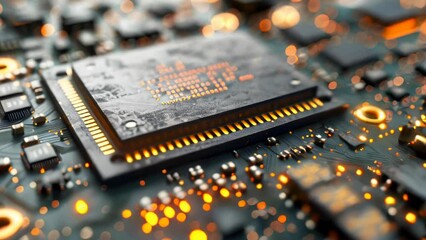 Computer futuristic high tech circuit board with microcircuits and electronic chips with transistors and resistors