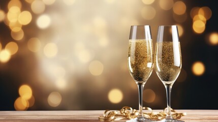 Two champagne glasses with gold glitter on the rim sit on a wooden table