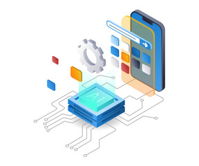 Poster - The process of creating a smartphone application with artificial intelligence, flat isometric 3d illustration