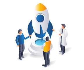 Poster - Team is launching a rocket, flat isometric 3d illustration