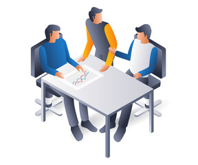 Poster - Team is chatting about business, flat isometric 3d illustration