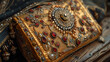 An up-close view of a glittering purse belonging to an Eid girl, with intricate designs and metallic details, perched on a glossy wooden surface.