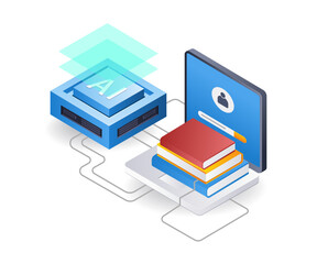 Poster - School learning with artificial intelligence technology flat isometric 3d illustration