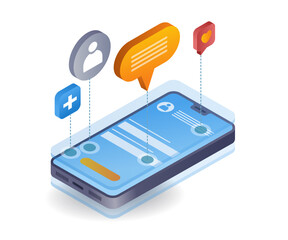 Aufkleber - Social media application with smartphone, flat isometric 3d illustration
