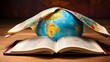 Global religious mission: Evangelization. depiction of an open bible or book with a vibrant global map inside.