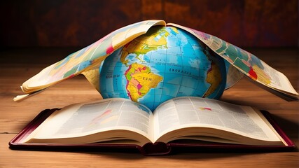 global religious mission: evangelization. depiction of an open bible or book with a vibrant global m