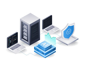 Leinwandbilder - Management of artificial intelligence server data analysis, flat isometric 3d illustration