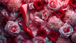 A striking red high heel stands out amidst a sea of lush roses and dahlias creating a rich, textured tapestry