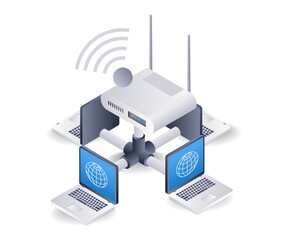 Aufkleber - Internet router usage network concept, flat isometric 3d illustration