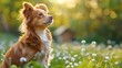 Beautiful young red-haired fluffy dog on a green lawn with flowers in the summer or in the spring with a beautiful blurred background. Intelligent gaze on the background of the park and doghouse.