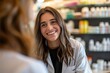 A serene professional female pharmacist counseling a customer with a warm smile in a modern chemist shop, real photo, stock photography generative ai images