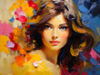 Beautiful woman in oil painting with large brush strokes with flowers.