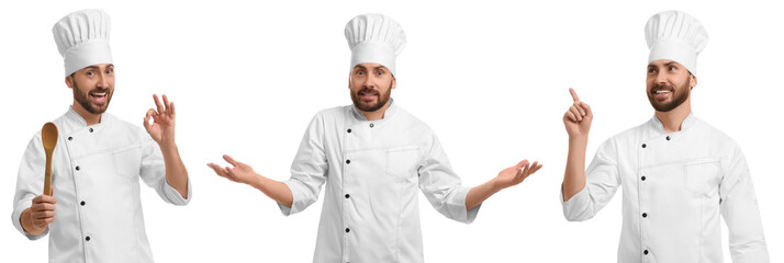 Poster - Chef in uniform on white background, set with photos