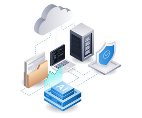 Poster - Cloud server analyst web developer, flat isometric 3d illustration