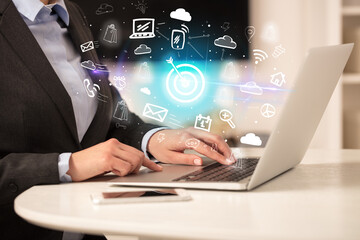 Poster - Businessman working on laptop with new business concept