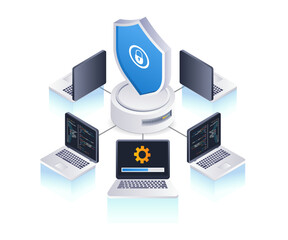 Poster - Computer network security management, flat isometric 3d illustration