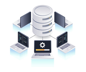 Aufkleber - Computer network management database system, flat isometric 3d illustration
