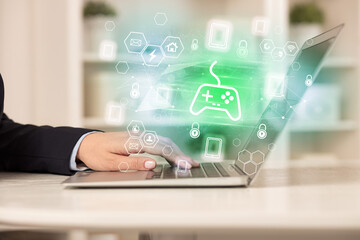 Poster - Hands working on laptop with digital icons