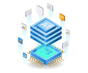 Poster - Artificial intelligence can create many digital products, flat isometric 3d illustration
