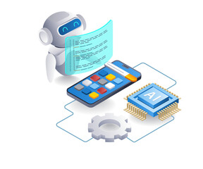 Poster - AI robot builds smartphone application, flat isometric 3d illustration