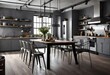 Stylish kitchen with a minimalist aesthetic and wooden flooring, Contemporary kitchen interior design featuring grey tones and wooden elements, Sleek modern kitchen with grey walls and wooden floors.