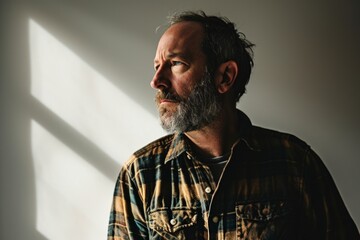 Wall Mural - Portrait of a man with a beard and mustache in a plaid shirt on a gray background