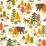 Fototapeta Dinusie - Vector seamless pattern of forest animals, trees, bushes, mushrooms and berries. Autumn woodland landscape surface pattern design.