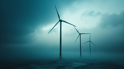 Wall Mural - Wind turbines at sea in fog