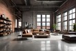 Urban chic living space featuring industrial elements and expansive windows, Industrial style interior with ample natural light coming through large windows, Spacious living room.