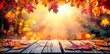Autumn Wooden Table adorned with Orange Leaves, Set against a Sunset Sky in a Defocused Abstract Background. Made with Generative AI Technology