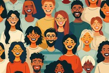 Positive Diverse People Of Various Ethnicities And Ages Smiling Together, Multicultural Unity And Happiness Concept Illustration