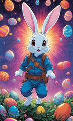 Wall Mural - graphic novel illustration, bunny, delivering Easter eggs