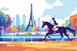 The Summer Olympic Games in Paris, equestrian sports riding a horse on the background of the Eiffel Tower. Art modern design Grainy gradients. generative ai