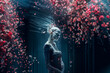 A female cyborg is surrounded by flowers, illustrating the concept of  .reflecting a desire for AI to emulate human qualities like dreams, beauty, emotion