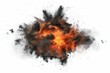 Realistic fiery explosion with vibrant streaks and black smoke on white, 3D illustration
